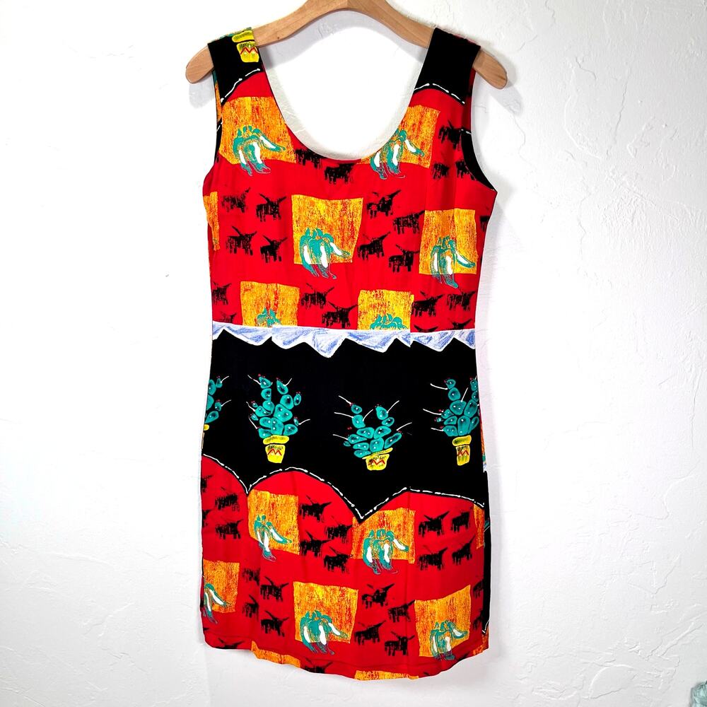 Vintage 90s Jams World Mini Babydoll Dress Sz M 9 Funky Southwestern Cactus Punk
